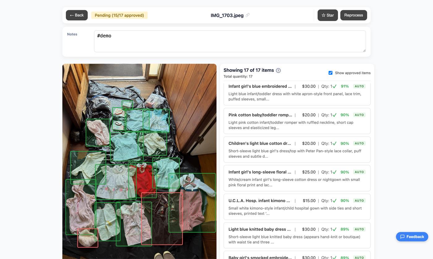 Snap Inventory analyzing a photo of damaged items, with AI-drawn bounding boxes around each piece and an itemized list beside it