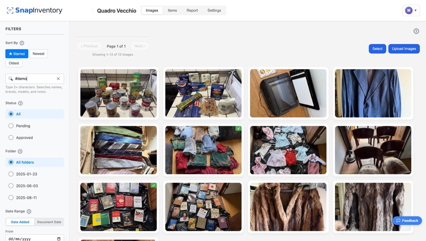 Snap Inventory image library showing a grid of uploaded photos with status badges and filter sidebar for sorting, status, folder, and date