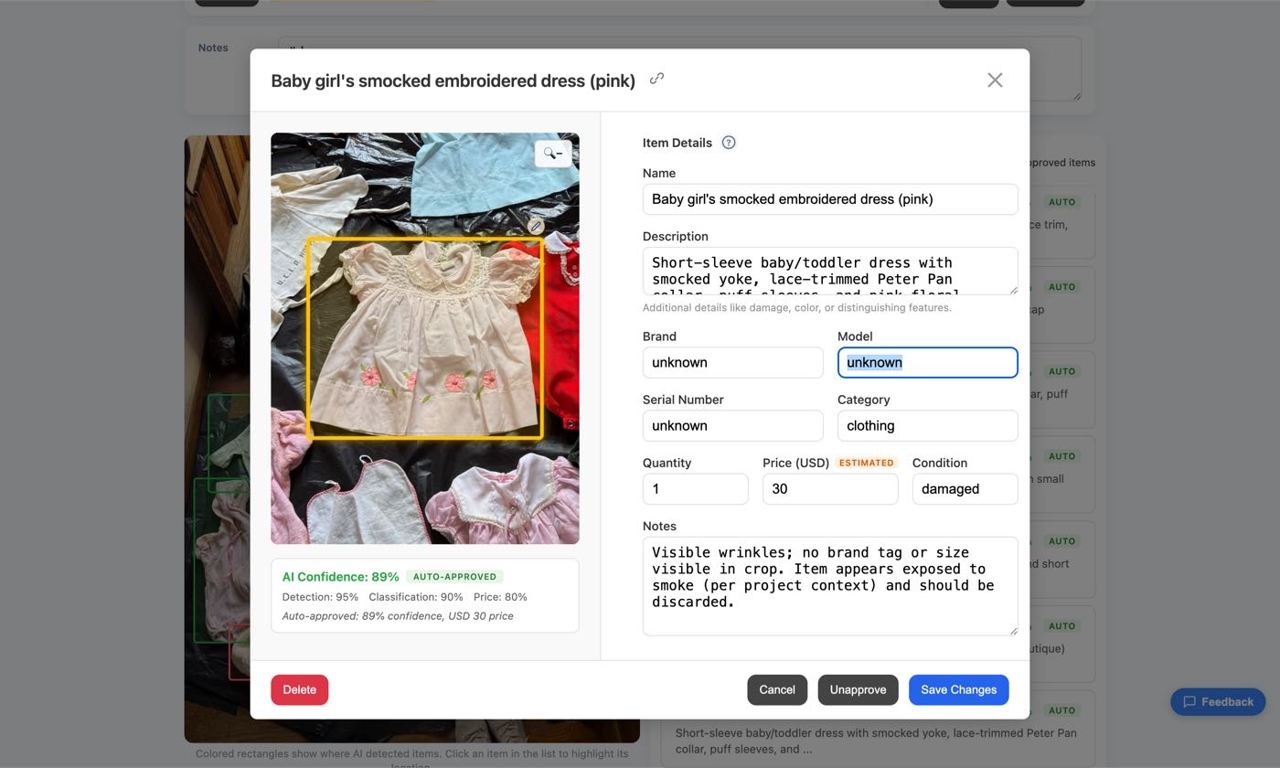 Snap Inventory item detail editor showing a cropped item photo alongside editable fields for name, description, brand, model, serial number, category, quantity, price, condition, and notes, with an AI confidence score