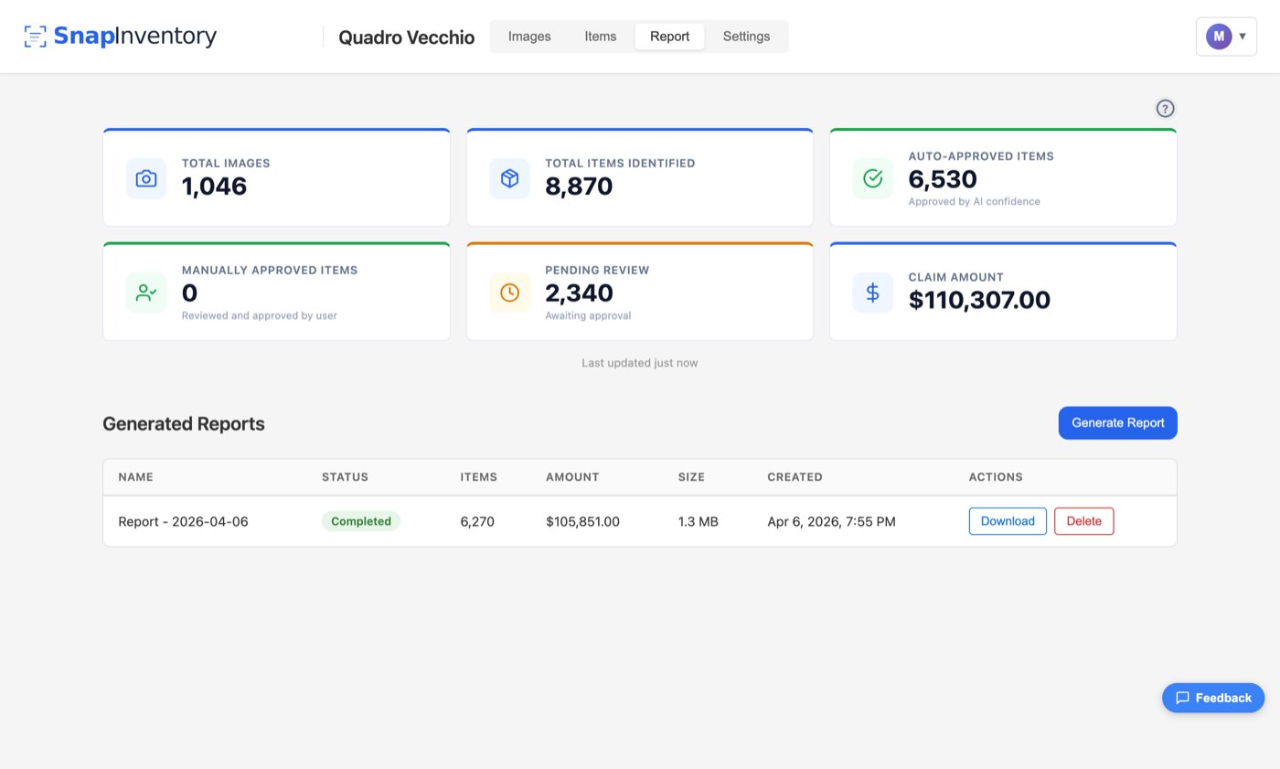Snap Inventory report dashboard showing total images, total items identified, auto-approved items, manually approved items, pending review, and running claim amount, with a list of generated reports below