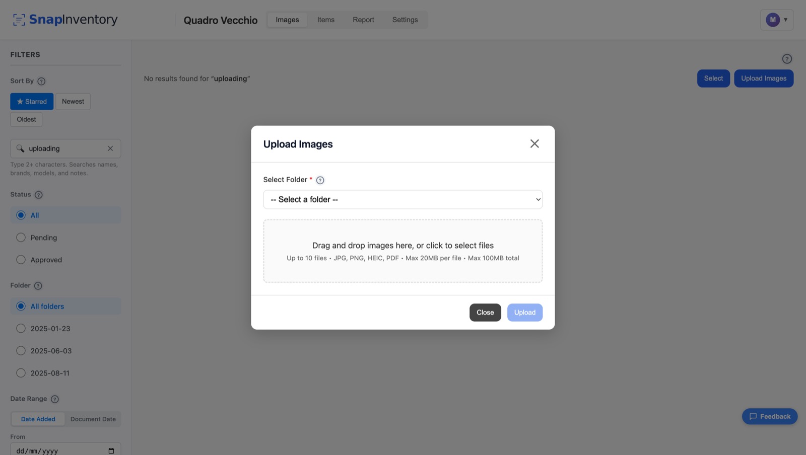Snap Inventory upload dialog showing a drag-and-drop area for adding photos with a folder selector